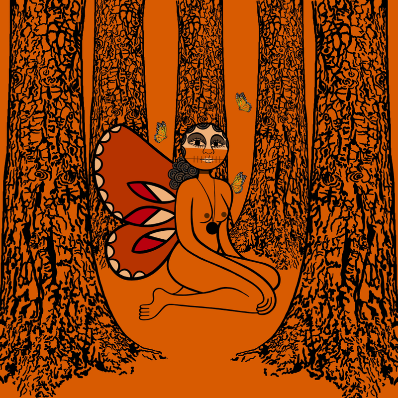 Against an orange background of trees, a naked woman with butterfly wings crouches