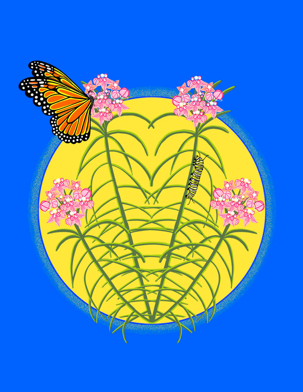 Four green-leaved plants, each with a complex pink blossom, silhouetted in front of a yellow sphere. A butterfly is perched on one of the blossoms