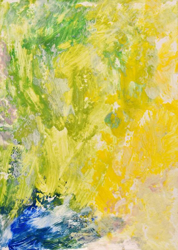 encaustic art in yellow and green with a smudge of dark blue in the lower left corner. 