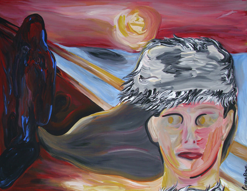 Painting of woman's face in a gray hat in foreground. Background is a woman-shaped figure in black, smudge of white blue land and low circle of sun