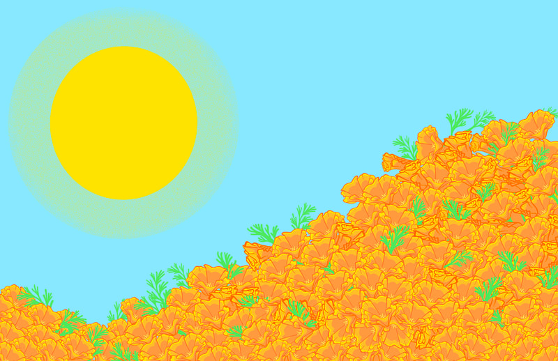 One the left, three-quarters of a yellow sun-like sphere against a blue sky. On the bottom, and climbing up the right side, orange poppy-like blossoms in a heap