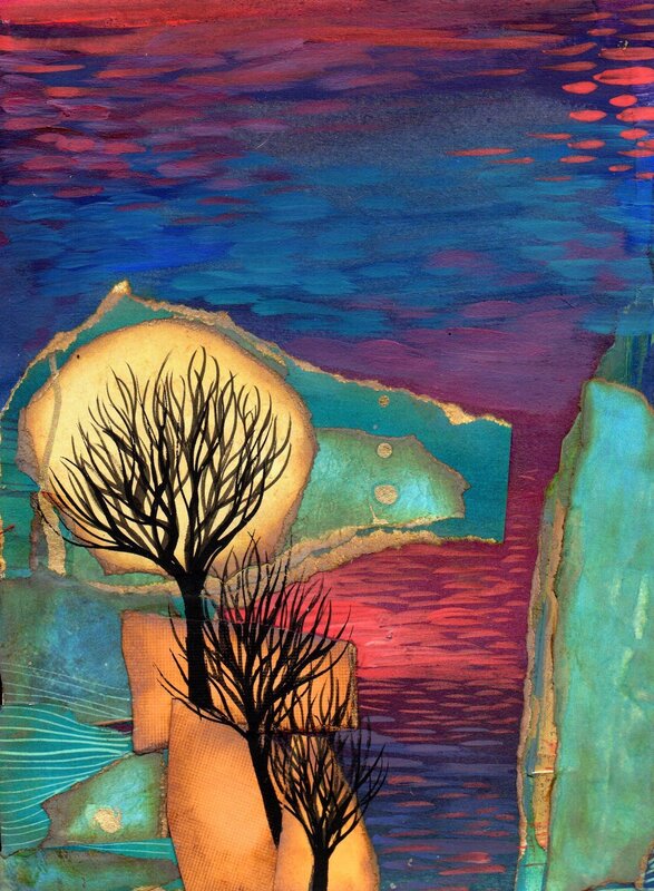 Collage. Blue sky. Maroon water. Two bare trees backlit by a wobbly moon. 