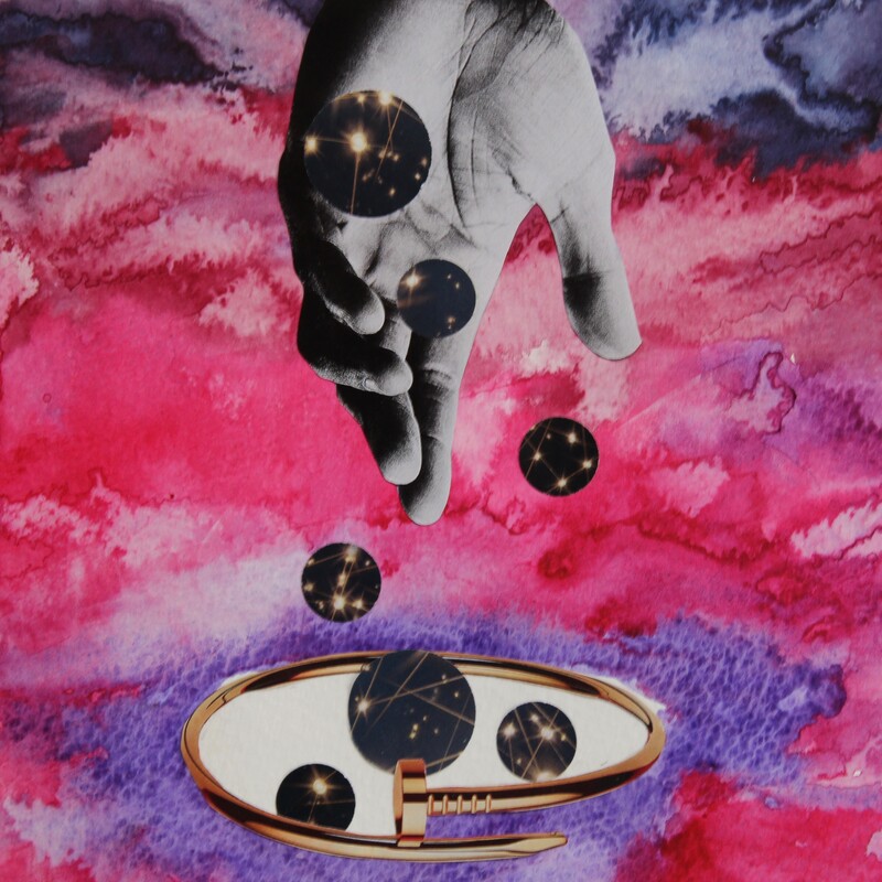 Collage. Background of pink and purple blur. Foreground: black and white detached hand releases black balls speckled with stars into a white space encircled by a screw bracelet. 