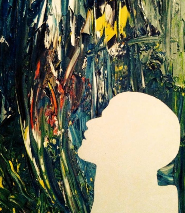 Abstract paint smeared in background. Foreground: Silhouette of woman's face.