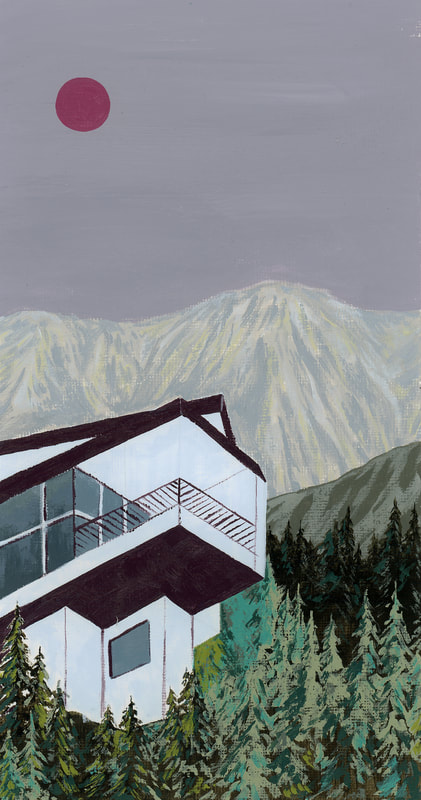 The balcony of a contemporary home defies gravity as it looms over a dense forest of pines. In the background, mountains and a reddish moon.