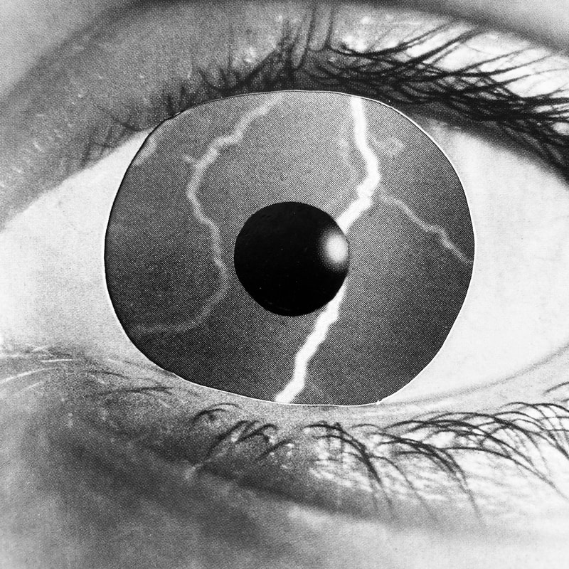 Black and white collage. A woman's eye up close with lightning striking in the center. 