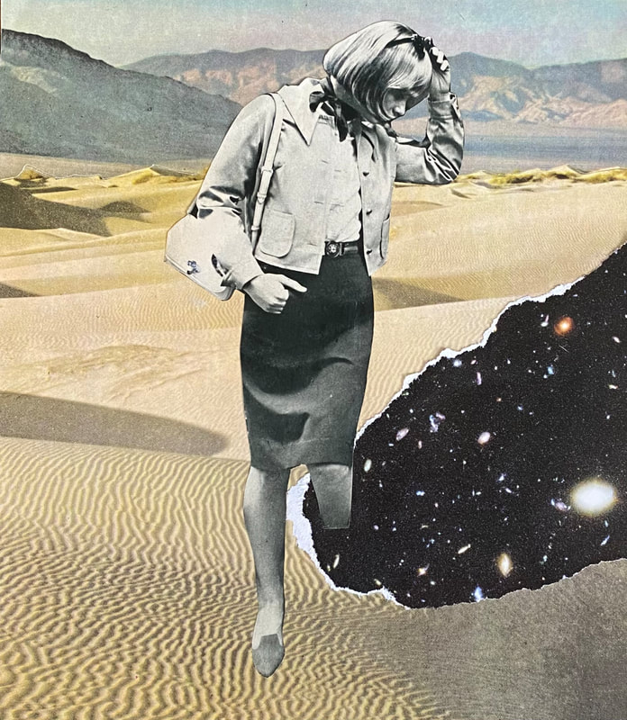 In front of a sandy desert edged with mountains, a woman in office attire steps over an obstacle that appears to consist of stars and planets in the night sky.