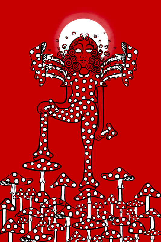 Against a bright-red background, the figure of a woman wearing a polka-dot garment with mushroom-like items at shoulder level