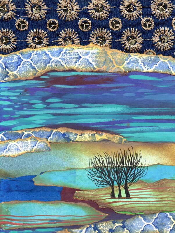 Collage. Bright blue water. Black leafless tree, patterns of blue cloth. 