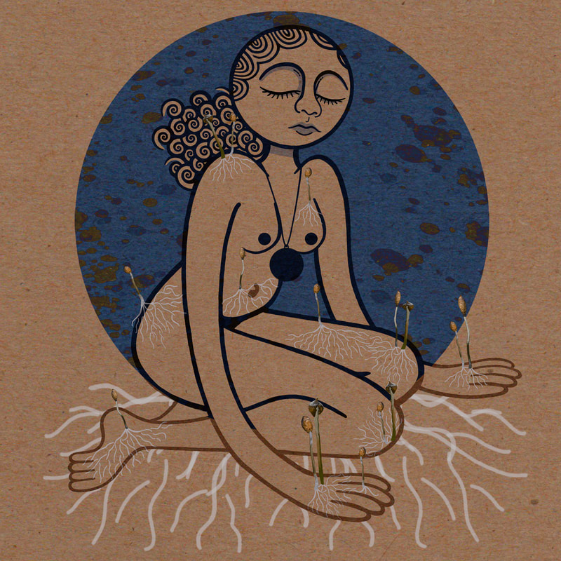 Image of a naked woman, eyes closed, sitting on the ground with her hands on either side of her knees