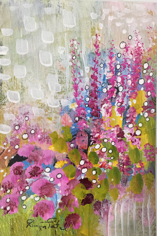 Abstract painting of tall flowers in pink and blue. White squares in the background. Green circles in the bottom right. 