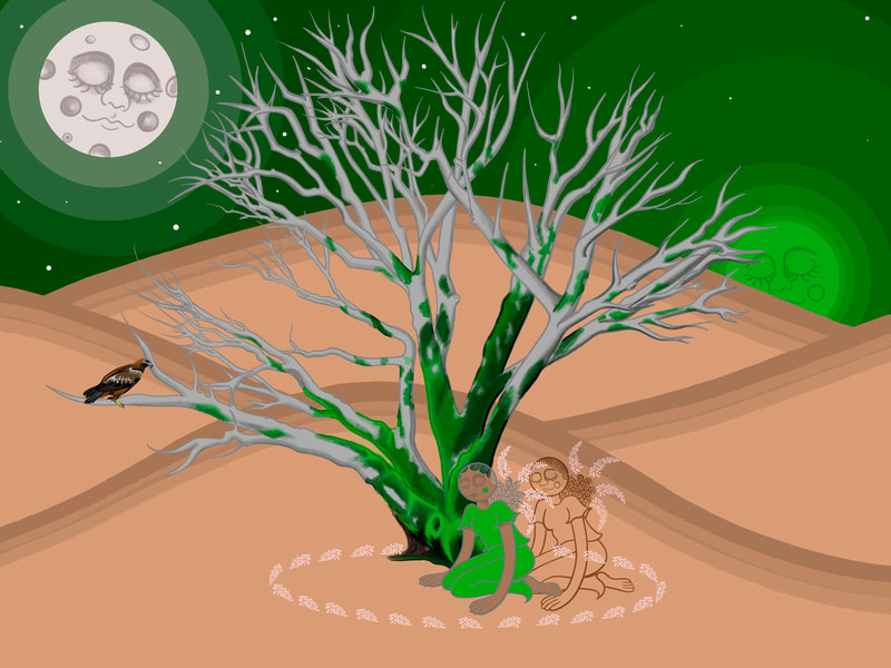A skeletal tree, green at the base and part-way up some of the branches, stands in a brown field, with two figures at its base, one seemingly translucent. Part of a moon-like sphere is visible to one side