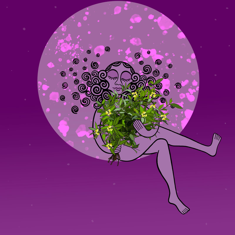 Against a magenta background, silhouetted against a mottled moon-like object, a woman with a lap full of greenery is suspended
