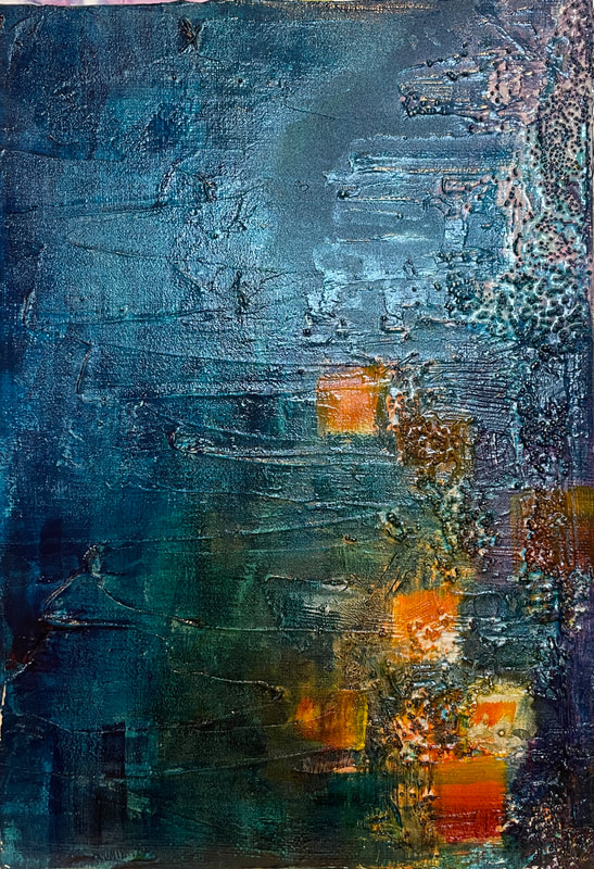 Abstract art. Metallic blue background with bubbly texture. Orange squares float up from the bottom. Rusty squares on the right. 