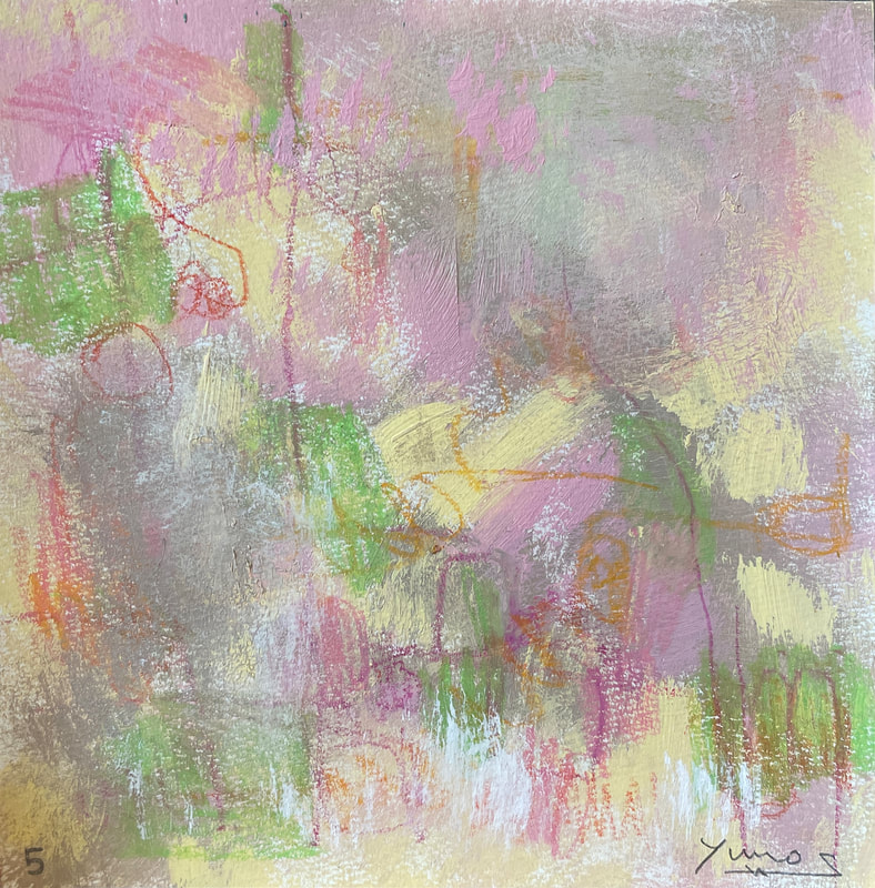 Abstract art. Mixed media gray, lavender, yellow, and green paint with red scribbles following the outline of the paint. 