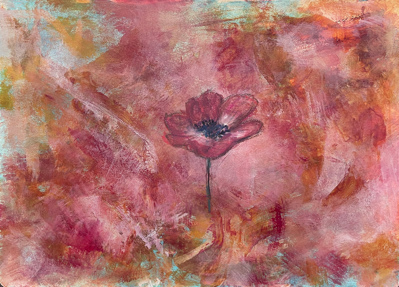 Abstract art smudges with pink, burgundy, and orange at the edges. Centered is a pink flower on a single stem. It has a purple center. 