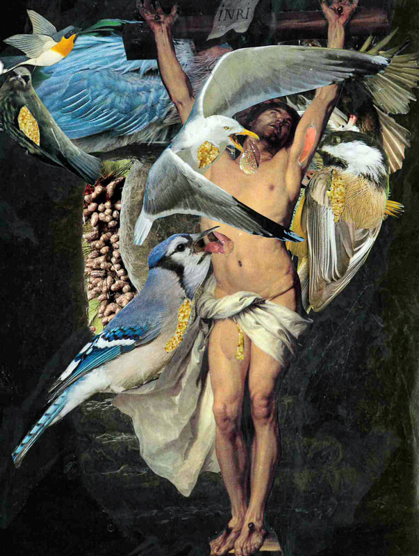 Nearly-naked body of a bearded man with his arms stretched above his head, various birds, including a gull and a blue bird, in front of him 