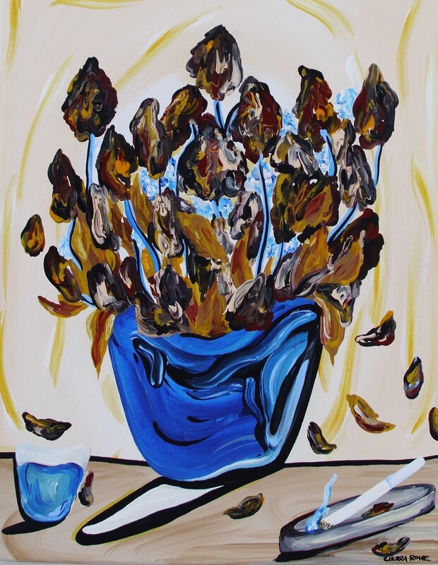 Acrylic paining of brown flowers in a blue vase on a table beside a cigarette and glass of blue liquid. 