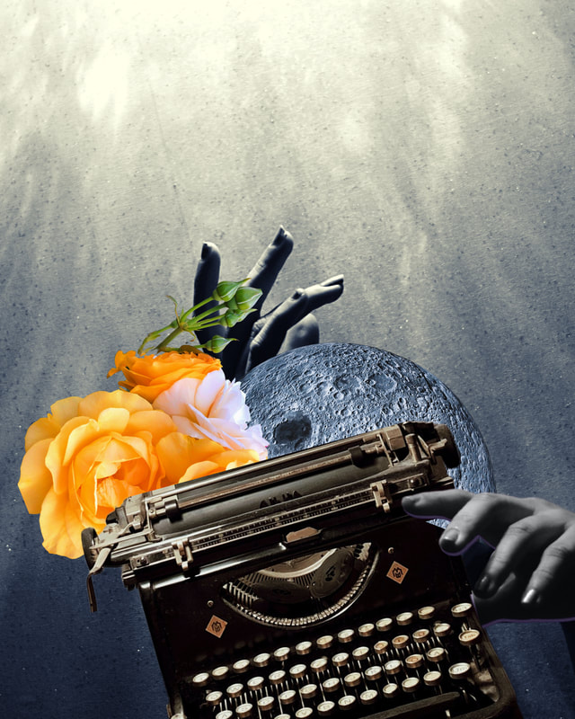 An old typewriter floats in front of a pocked planet alongside a vivid yellow-orange bloom and two disembodied hands