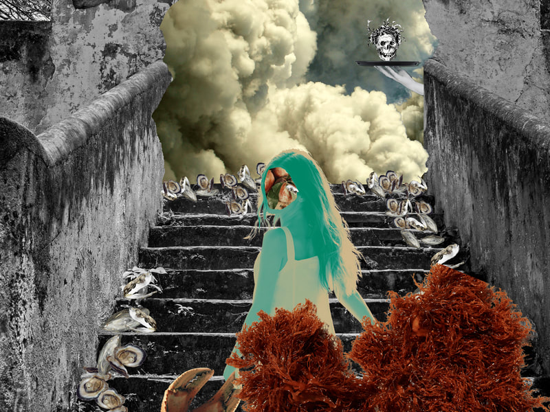 Turquoise shape of a woman ascending a staircase toward a billowing cumulonimbus cloud; a skull floating on the right