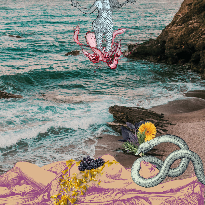 Waves lapping on a rocky beach where a serpent holds a flower in its mouth; above the water, a headless being floats