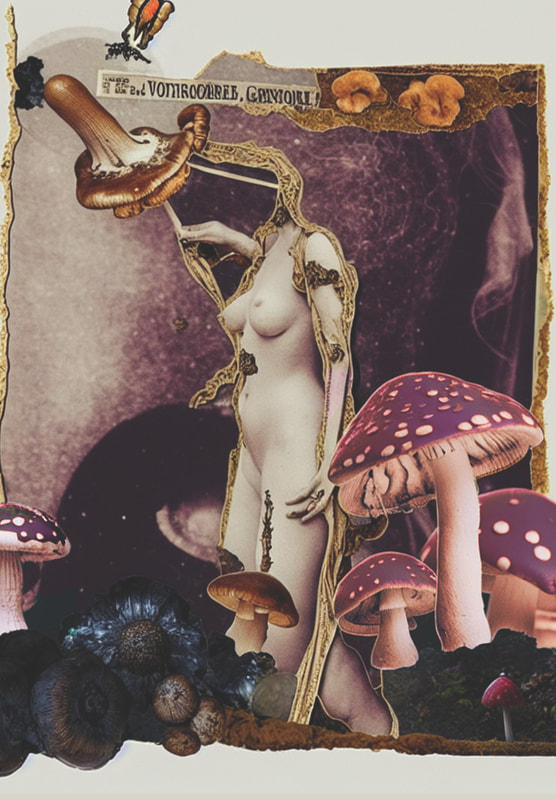 Naked female body, minus the head, standing near several spotted toadstools