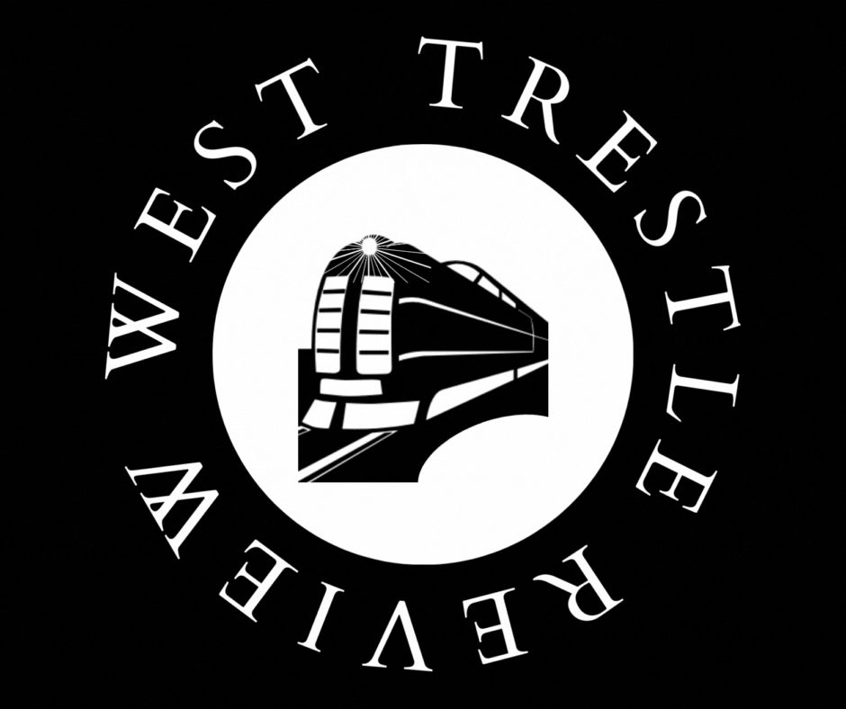 West Trestle logo: Black train coming toward viewer. Black train trestle in white circle on black background encircled by white text: West Trestle Review