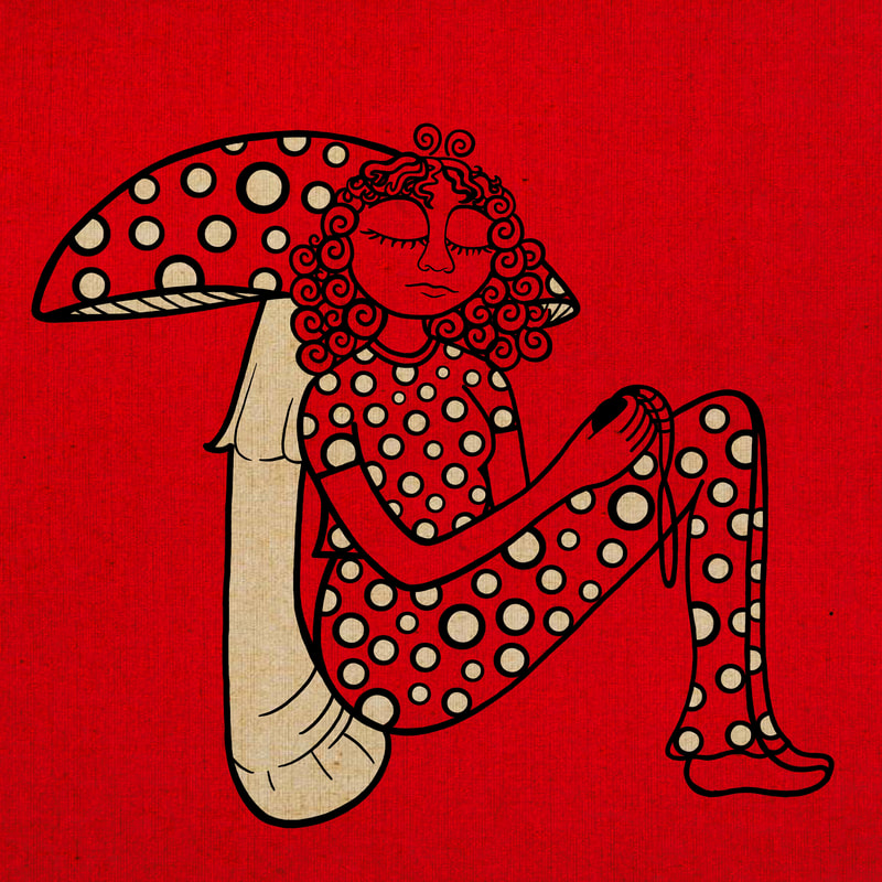 Bright red background. A woman wearing polka-dot attire is leaning a giant toadstool