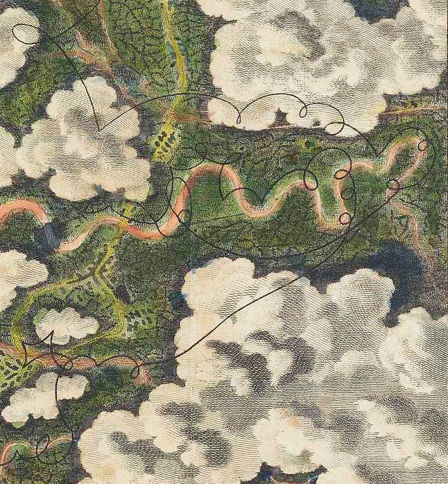 Illustration of pink winding roads through green land below cumulus clouds and wires.