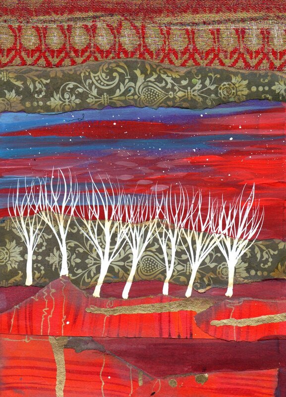 Bare white trees in foreground. Strips of pattern flowers in brown and white make up background. Red and blue-pink sky in the middle. Red ground of torn paper. 