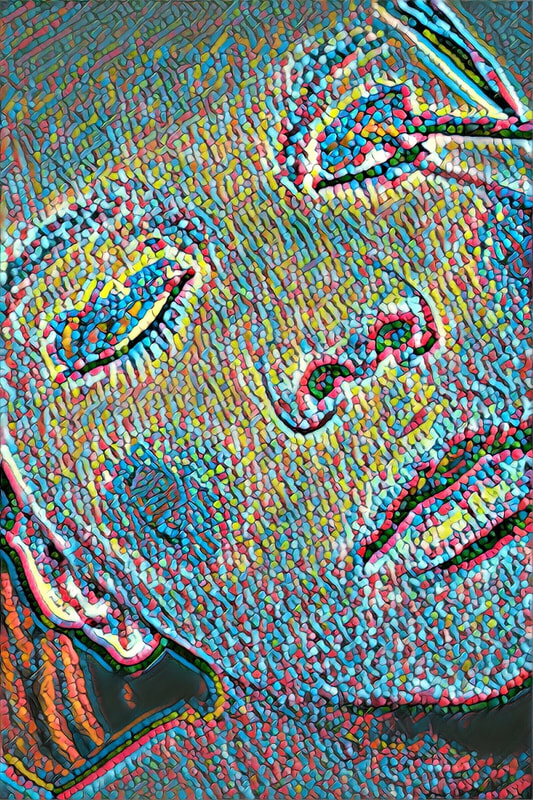 Woman's blue digitized face. Her eyes are closed and she's applying eye shadow. 
