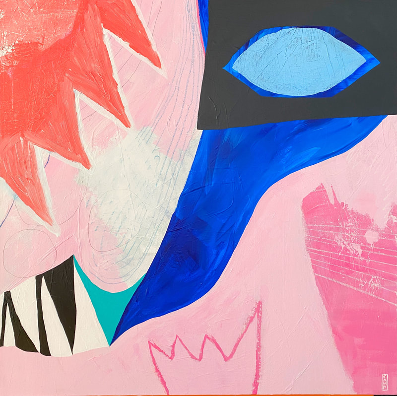 Colorful abstract with jagged points on upper left, and stylized blue unseeing eye, upper right