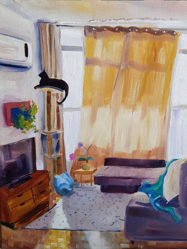 Oil painting. Cat on a tall cat post, staring at air conditioner in living room. Surrounded by couch, coffee table, tv. Large window in the background with long gold curtains. 
