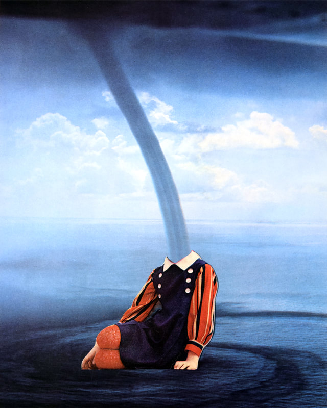 As though seated on the waveless water, a figure wearing a brightly-striped shirt and a black jumper has a waterspout in lieu of a head.