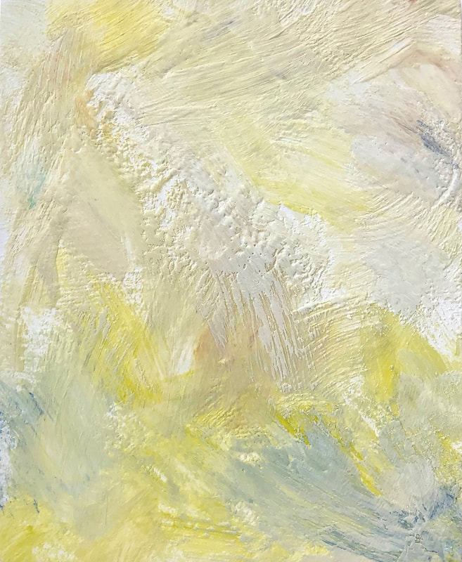 Encaustic painting. Abstract brushstrokes yellow and white with smudges of brown and blue
