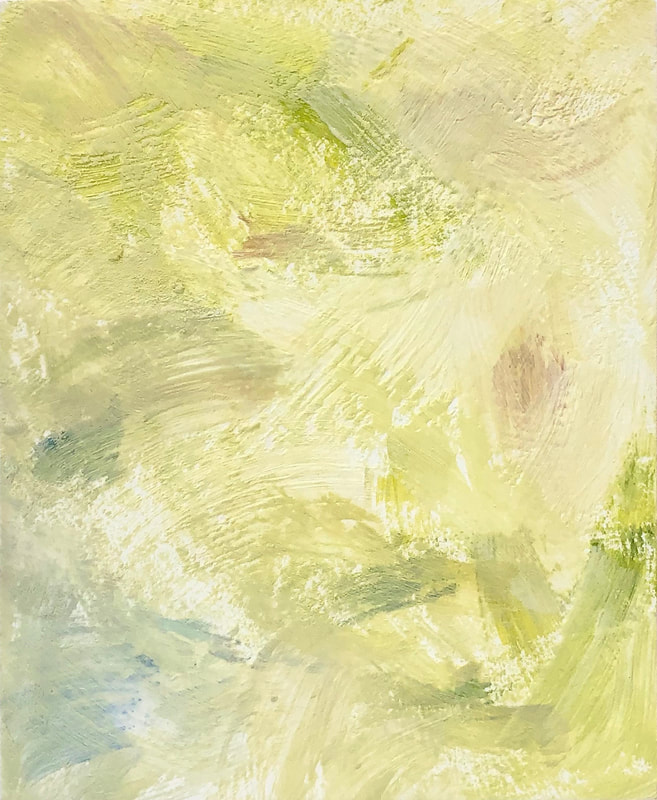 Encaustic painting. yellow brushstrokes with dark green in the lower right corner and blue in the lower left corner, and smudges of brown throughout.
