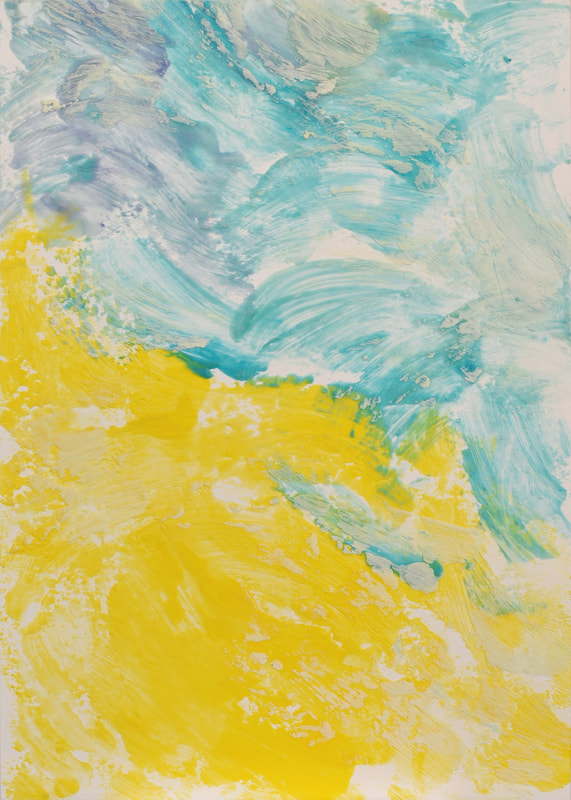 Abstract painting: Yellow paint in lower left corner; blue in upper right corner. White background