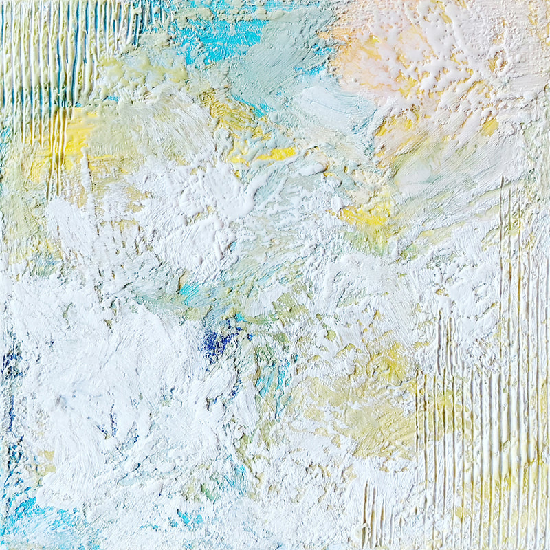 encaustic with deep straight rows in the upper left and lower right corners. White with layers of light blue and dark yellow below. A deep smudge of dark blue is in the middle. 