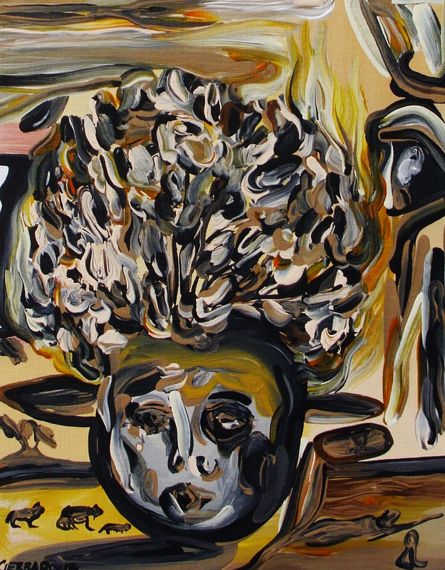 Acrylic painting in browns, grays and golds, woman's head with flora growing out of it. 