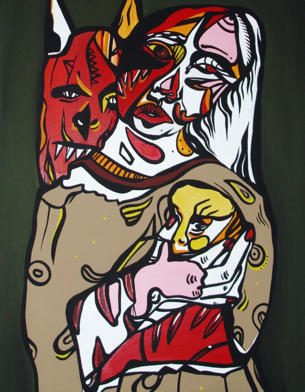 Acrylic painting of a sad woman with a half bright red and half stark white, clownish, face holds an infant while a devil figure lurks over her shoulder. 