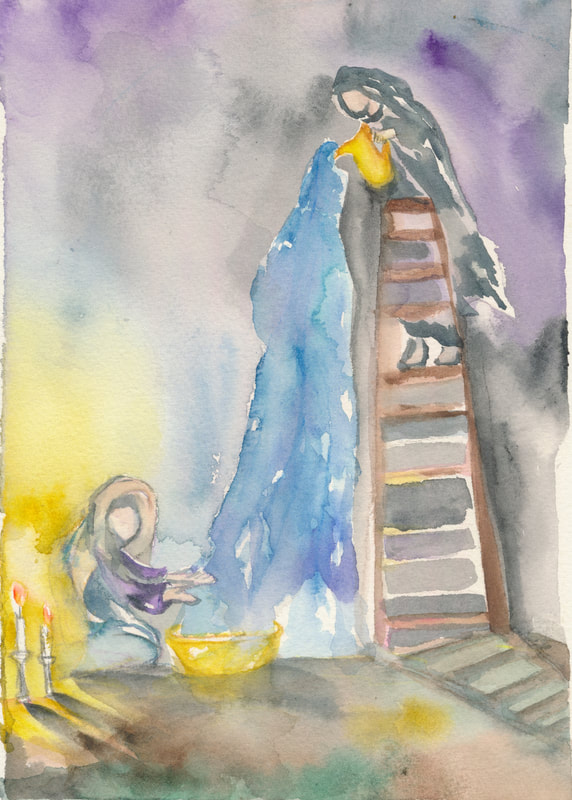 On the right, someone stands on a ladder, pours a cascade of blue liquid toward a yellow basin that sits on the floor. Near the basin, a figure on its knees with its hands in the liquid as it falls. Lit candles stand nearby.