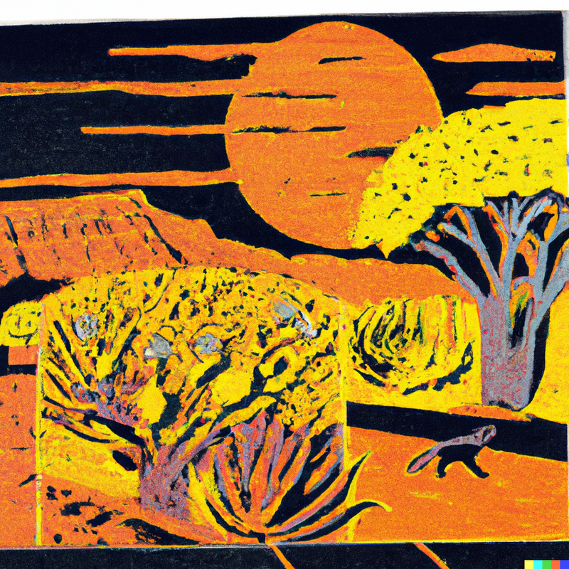 surreal desert scene, with giant sun on horizon and strange trees and a small mammal in the foreground