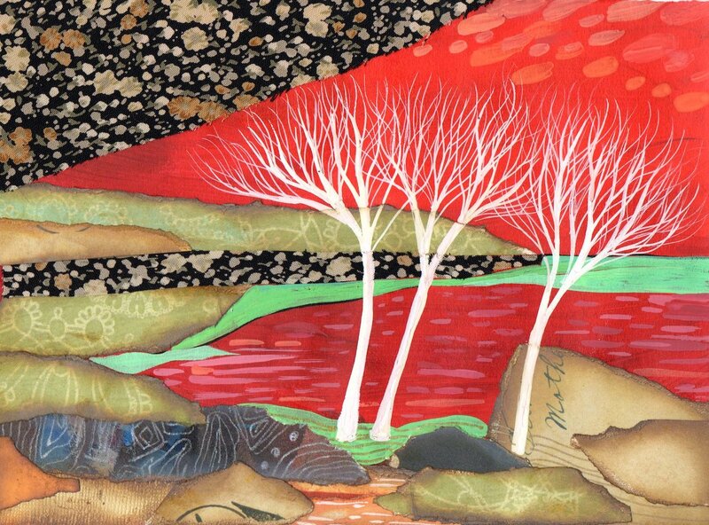 Collage. Three bare white trees in foreground. Red lake. Green and paper land. Background black and red sky with dot patterns. 