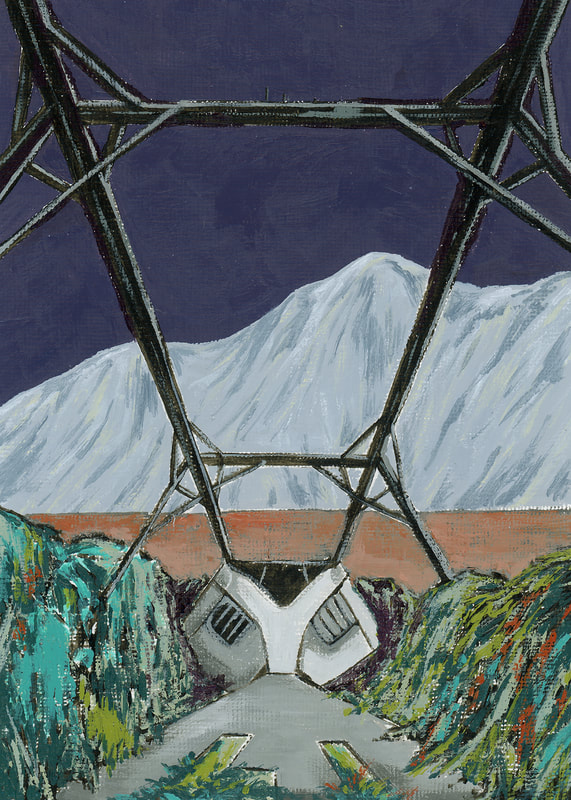 Seen from underneath, metal structure for power lines looms in foreground, snowy mountains across a valley visible behind