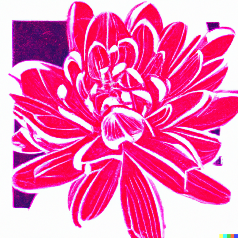 Pink zinnia illustration with white and purple background.