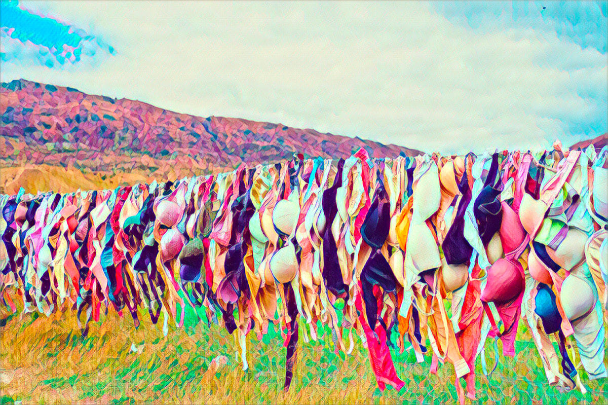 Bras on a clothesline with a mountain in the background. Bright pastels. 