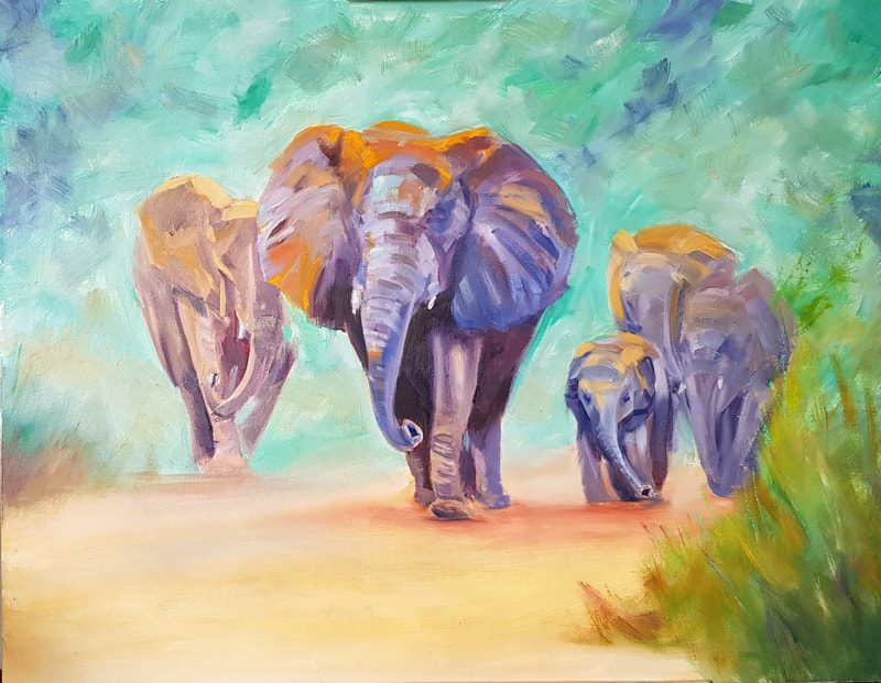 Oil painting of five walking elephants. Large one in front. Another large one behind left, Three smaller elephants on the right. Blue sky. Sandy flat ground. Green plants. 