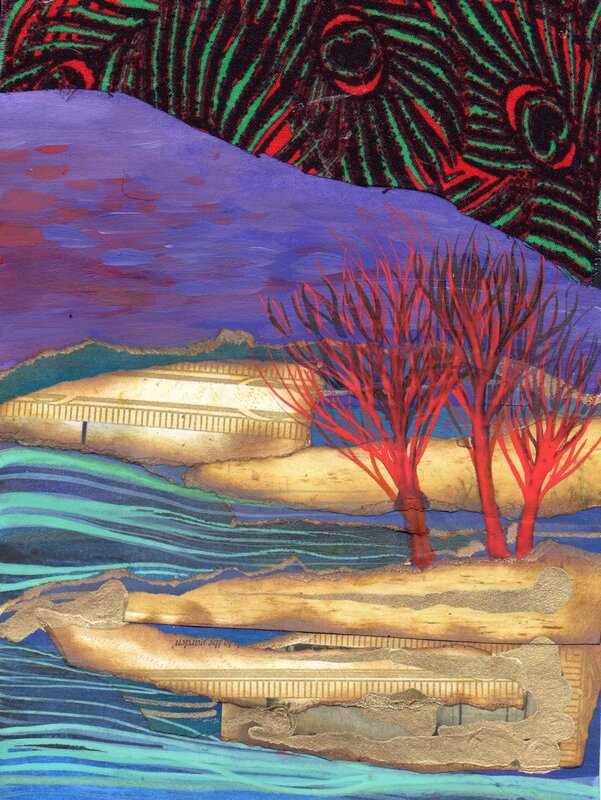 Gold paper land. Blue streaks of water. Bare, Collage: pink-red trees. Purple sky and black, green red stripes. 