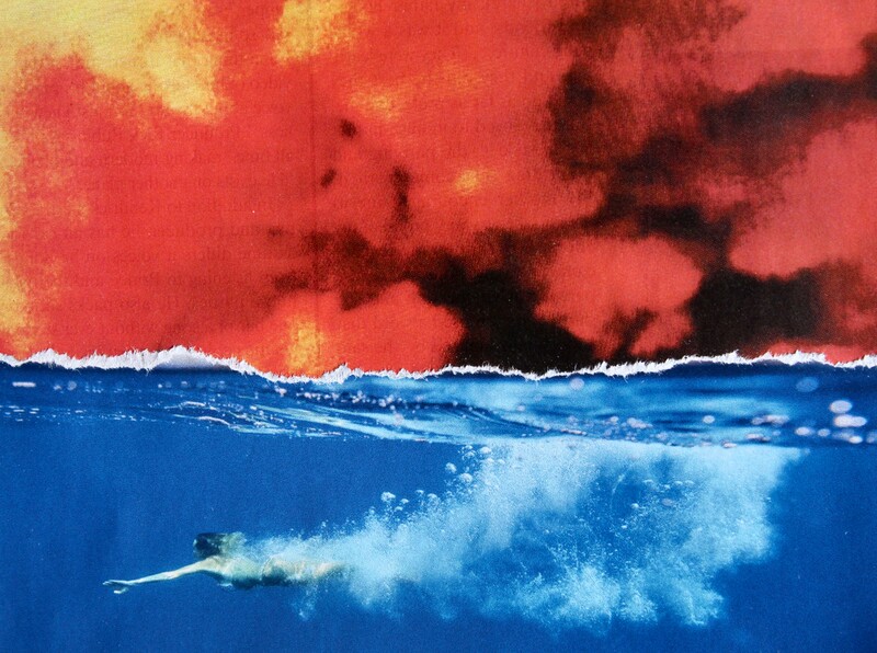 Woman swims in blue water under a red sky