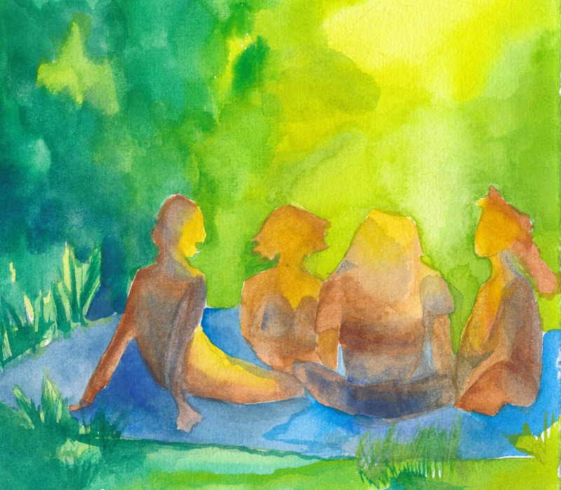 Four people seated on a blue blanket, as though for a picnic. The air that surrounds them is green